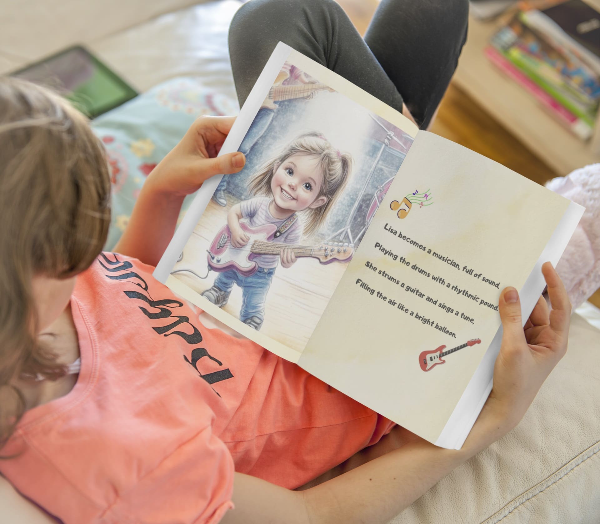 Girl on couch reading her personalized storybook showing her as a musician