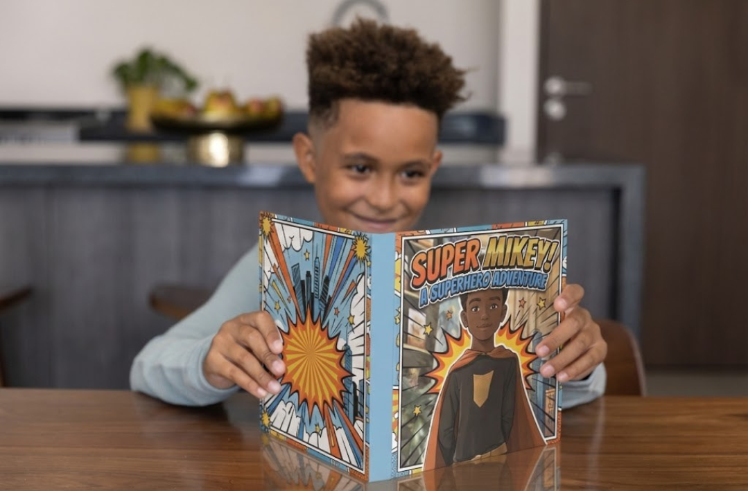 Child holding a book titled 'Super Mikey' in a kitchen setting