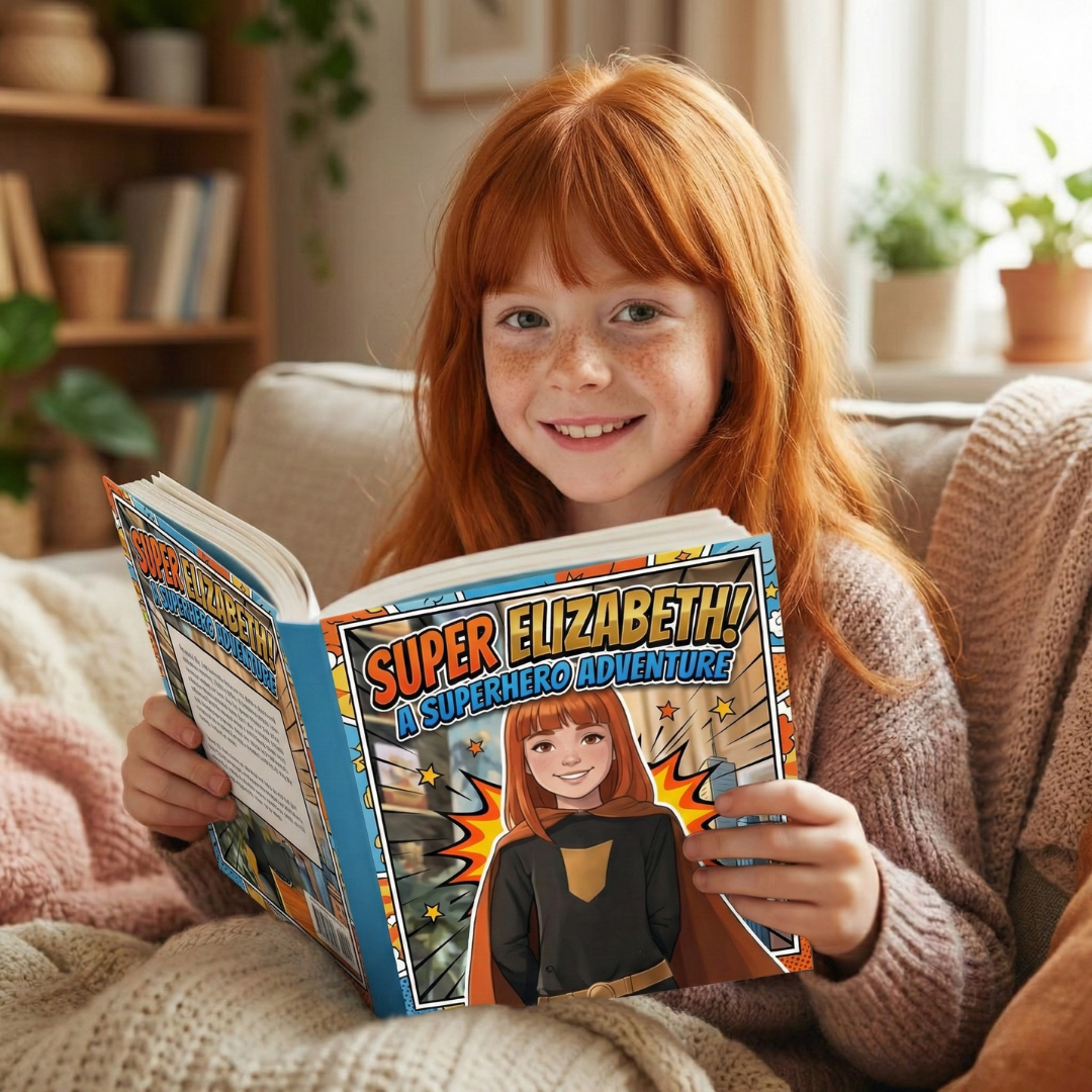 Young girl with red hair reading a Storybabe book titled 'Super Elizabeth: A Superhero Adventure' in a cozy living room.