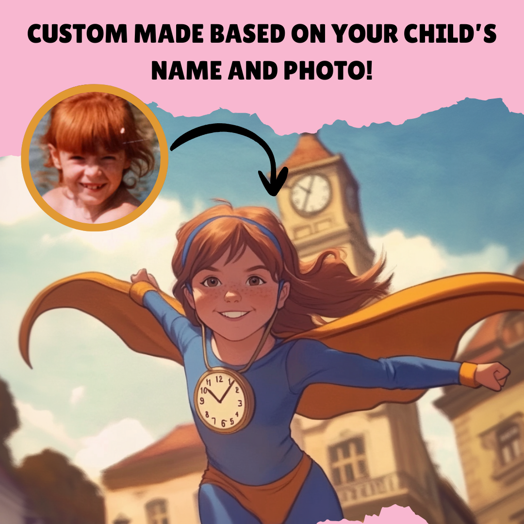 Illustration of a superheroine with a clock emblem in front of a clock tower, personalized illustration for Storybabe