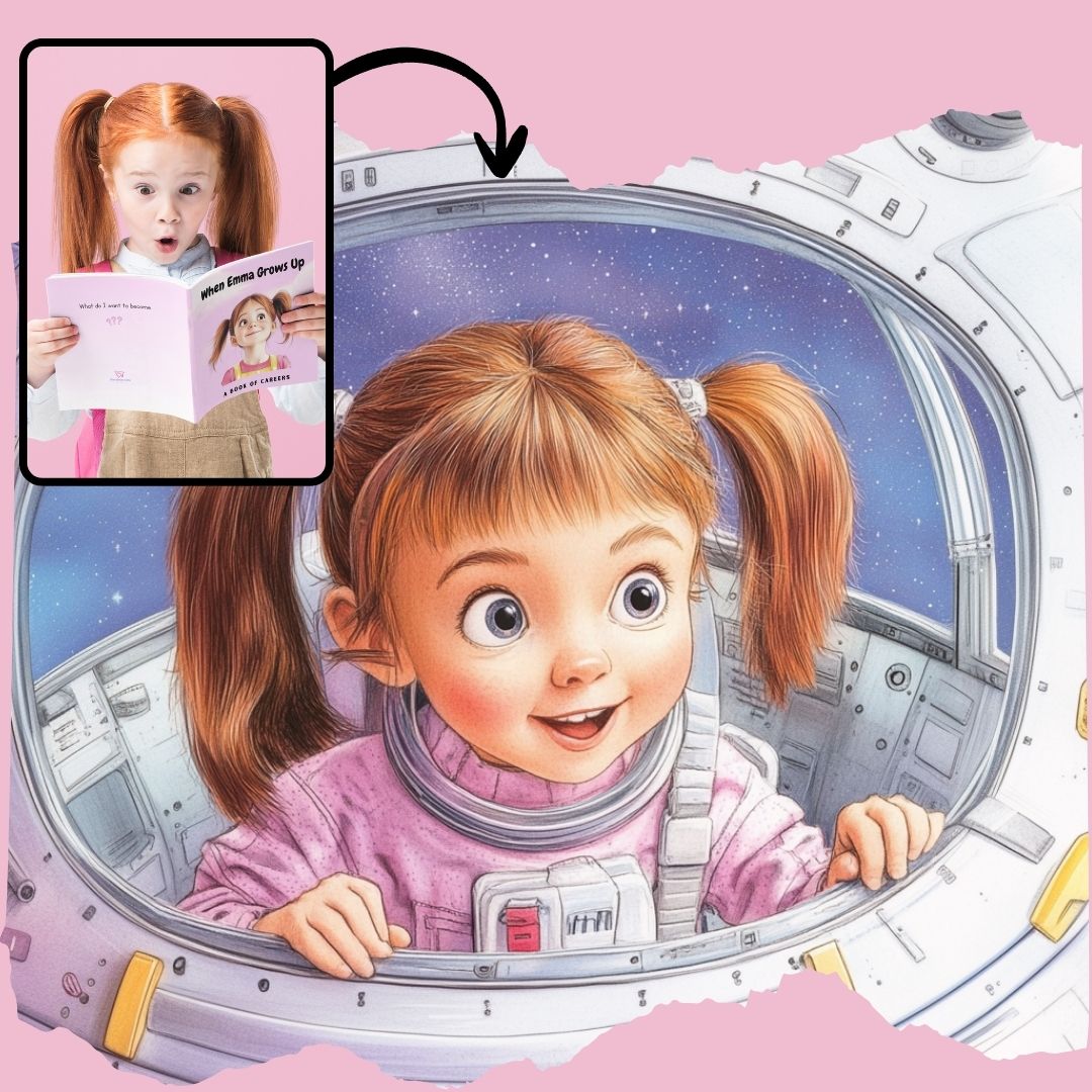 Illustration of a girl in an astronaut suit looking out of a space capsule with a pink background as part of Storybabe personalized book